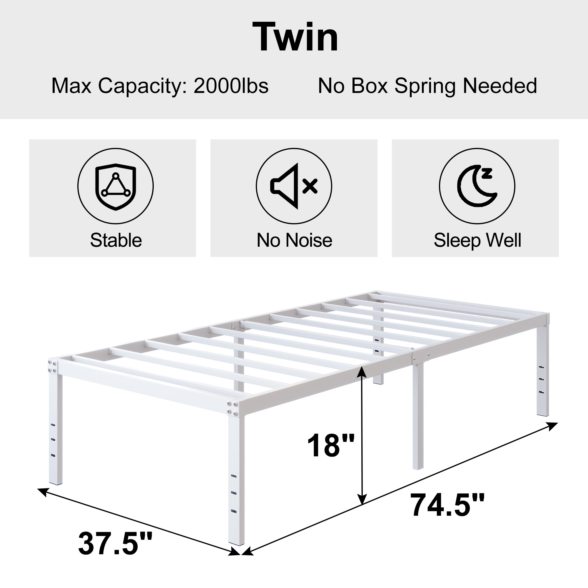 Maenize 18 inch Bed Frame Heavy Duty Metal Platform No Box Spring Needed, Maximum Storage, Easy Assembly, Noise Free, White