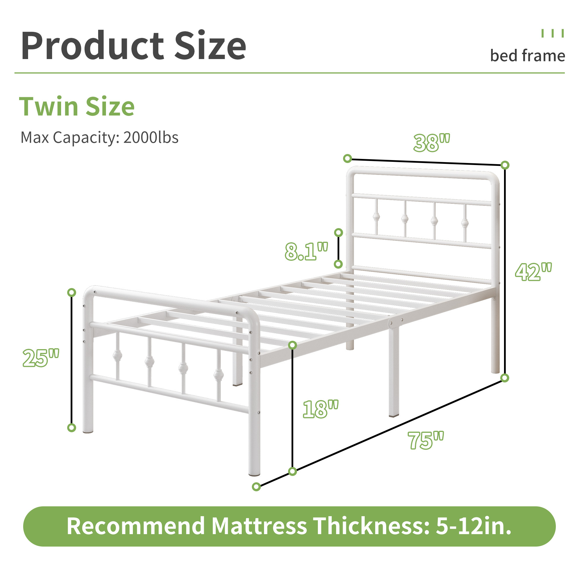 Maenizi 12 inch Bed Frames with Headboard and Footboard, Heavy Duty Metal Platform Bed Frame No Box Spring Needed, Easy Assembly, Under Bed Storage, Noise Free, White