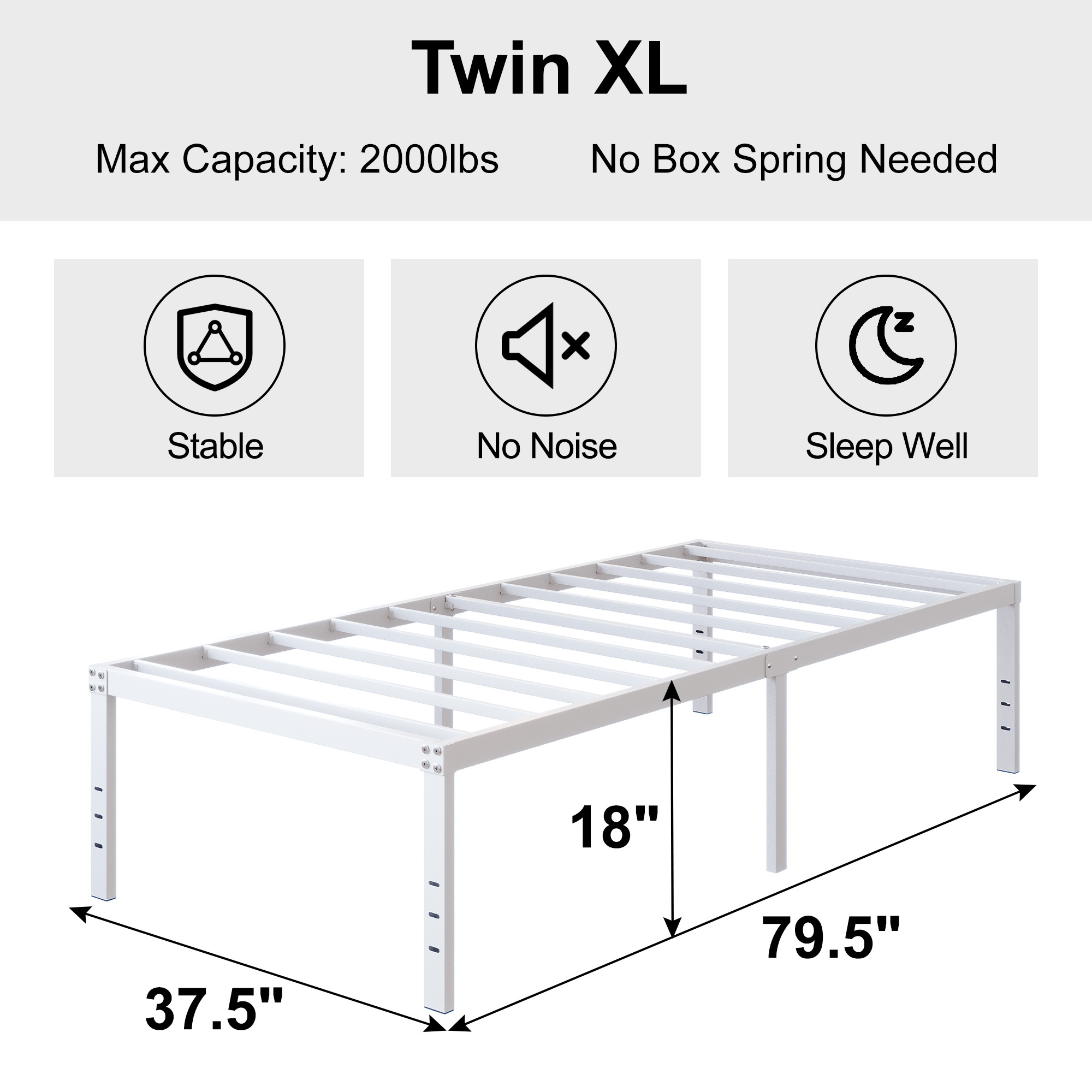 Maenize 18 inch Bed Frame Heavy Duty Metal Platform No Box Spring Needed, Maximum Storage, Easy Assembly, Noise Free, White