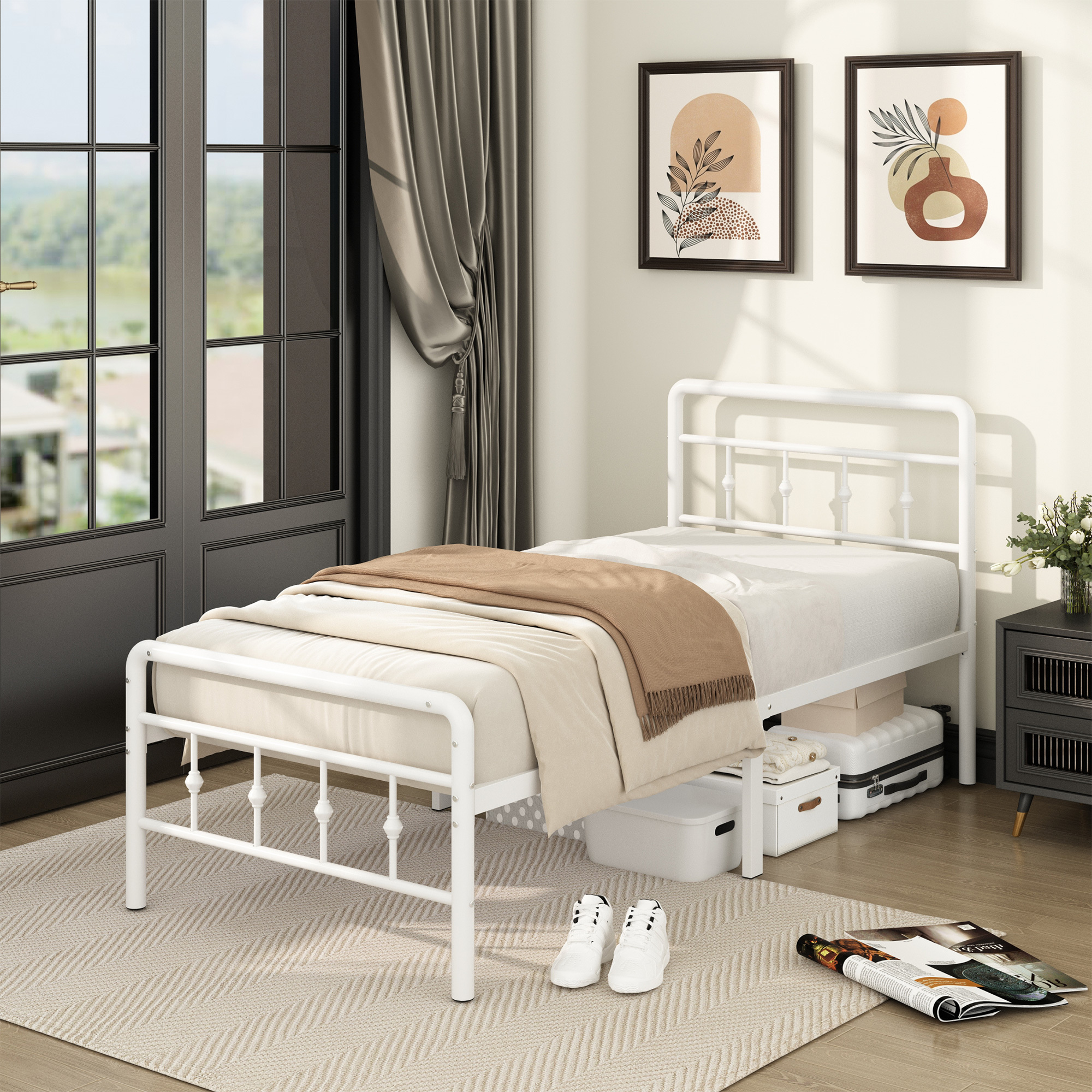 Maenizi 12 inch Bed Frames with Headboard and Footboard, Heavy Duty Metal Platform Bed Frame No Box Spring Needed, Easy Assembly, Under Bed Storage, Noise Free, White