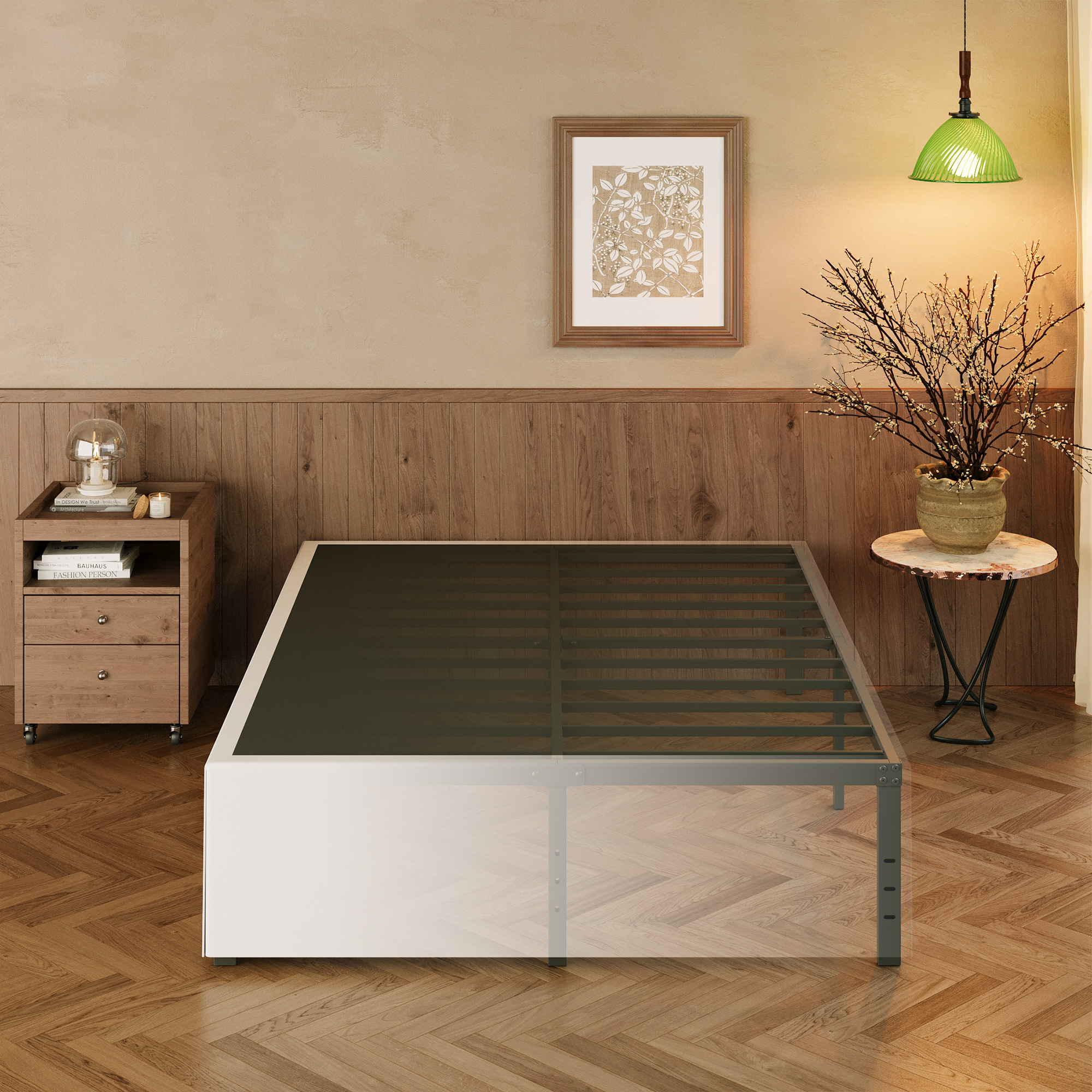 Maenizi 18 Inch Twin Bed Frames with White Skirt Cover, Metal Twin Size Bed Frame with Storage, Heavy Duty, No Box Spring Needed, Easy Assembly, Noise Free, Mattress Foundation