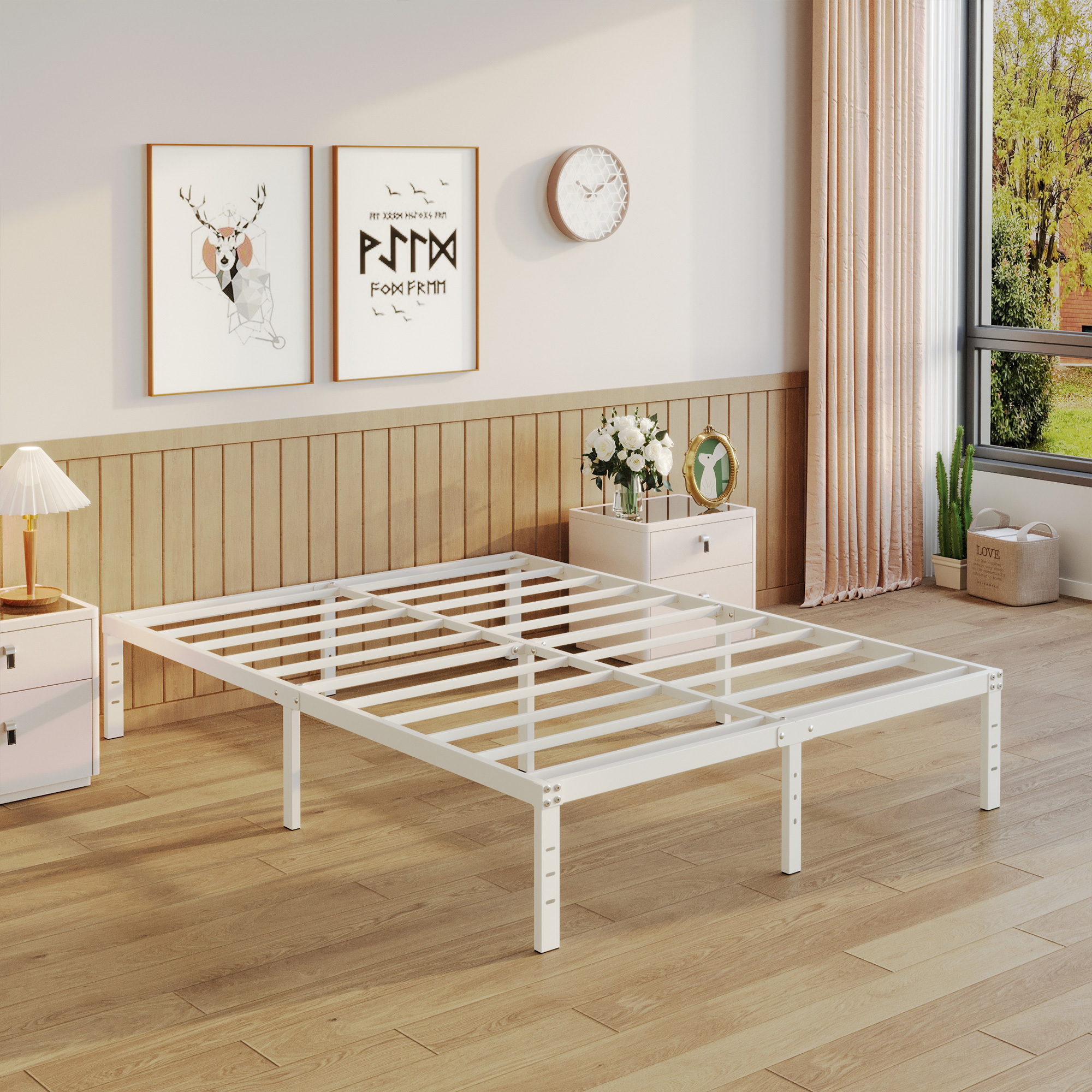 Maenize 16 inch Bed Frame Heavy Duty Metal Platform No Box Spring Needed, Maximum Storage, Easy Assembly, Noise Free, White