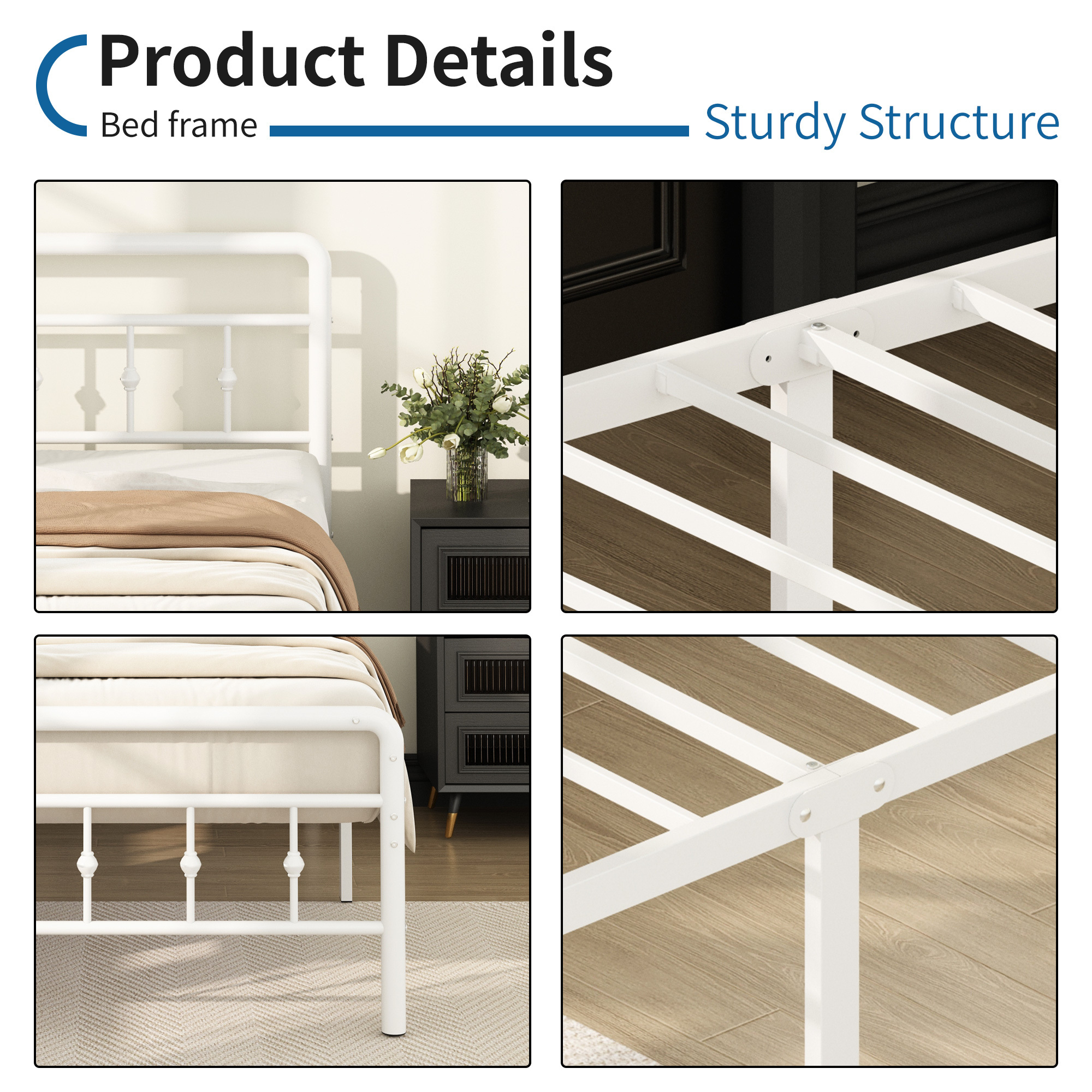 Maenizi 18 inch Bed Frames with Headboard and Footboard, Heavy Duty Metal Platform Bed Frame No Box Spring Needed, Easy Assembly, Under Bed Storage, Noise Free, White
