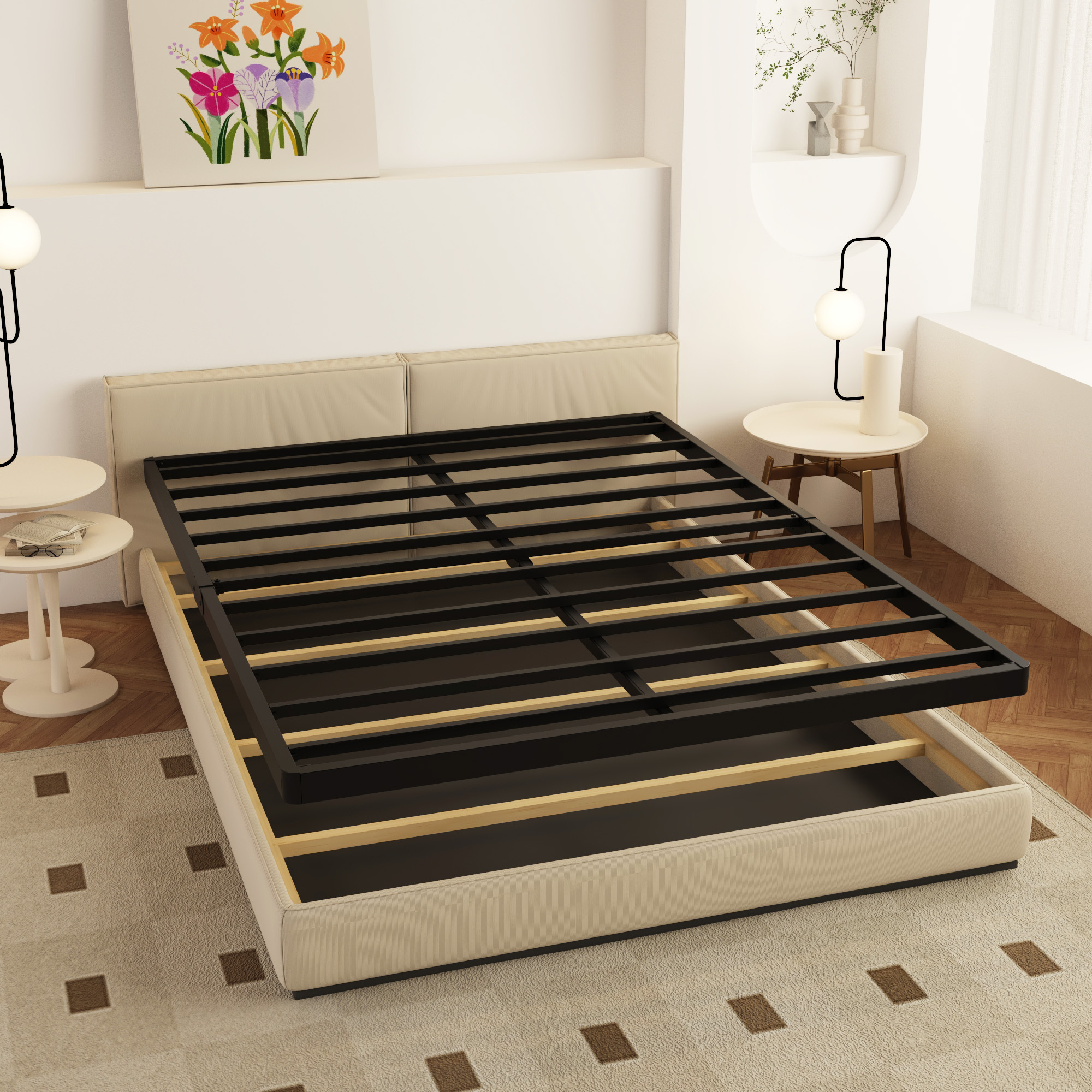 Maenizi Queen Size Box Spring 2 Inch Low Profile Bunkie Board | Heavy Duty Metal Bed Base, Mattress Foundation, Easy Assembly, Noise Free, Black