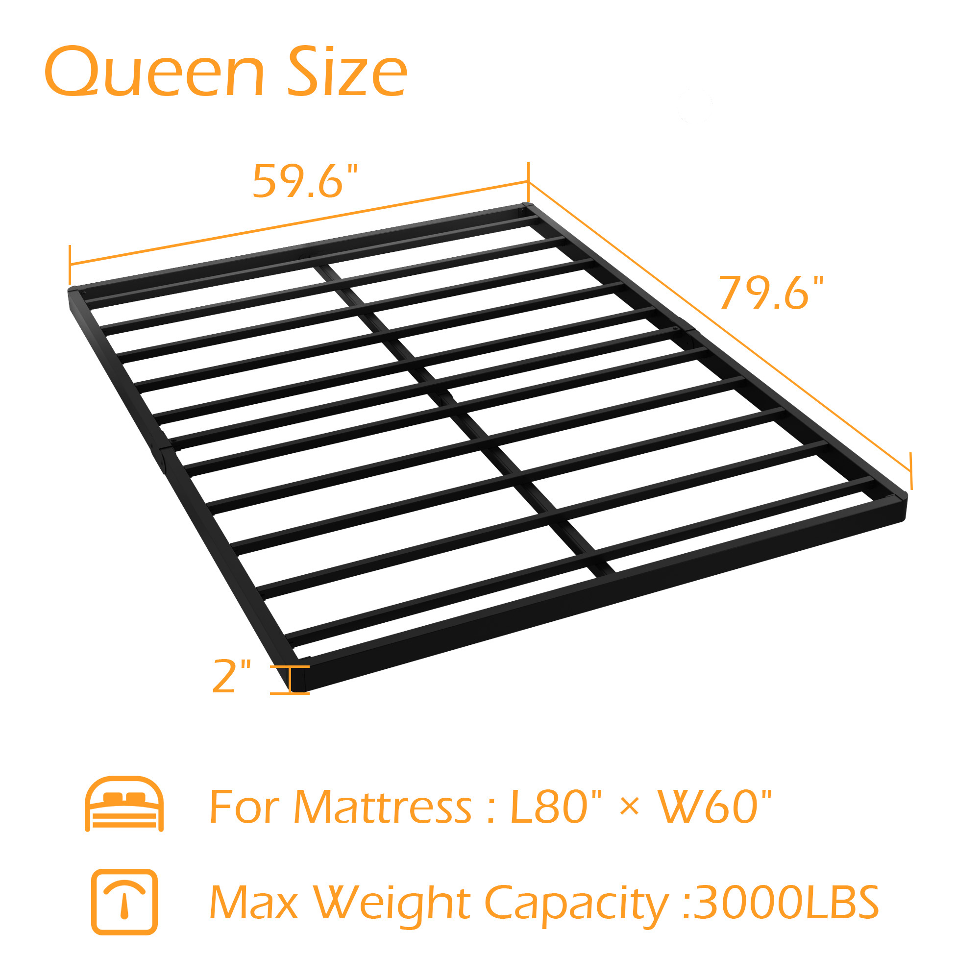 Maenizi Queen Size Box Spring 2 Inch Low Profile Bunkie Board | Heavy Duty Metal Bed Base, Mattress Foundation, Easy Assembly, Noise Free, Black