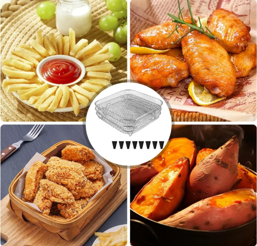 Hot Air Fryer Accessories, Air Fryer Rack, 3-Layer Stackable Stainless Steel Square Air Fryer Racks, Hot Air Fryer Accessories  with 8 Silicone Feet for Most 5.5 to 8 L Hot Air Fryers, Dishwasher Safe,MY SHOP,Hot Air Fryer Accessories, Air Fryer Rack, 3-Layer Stackable Stainless Steel Square Air Fryer Racks, Hot Air Fryer Accessories  with 8 Silicone Feet for Most 5.5 to 8 L Hot Air Fryers, Dishwasher Safe