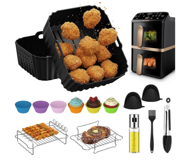 15-Piece Accessories for Philips Airfryer 4000 Series Stacked Dual Basket 10L, Hot Air Fryer Accessories for Philips NA460/00 & NA462/70, Includes Silicone Mould, Stainless Steel Cooking Grate & Baking Set,MY SHOP,Air Fryer Accessories Sets,‎ BPA-free, stainless steel, PSA-free, ‎siliconeCompatible with Tefal EY9018 - Heat-Resistant Silicone & Stainless Steel Accessories for Baking, Grilling & Roasting