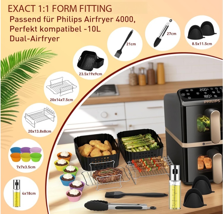 15-Piece Accessories for Philips Airfryer 4000 Series Stacked Dual Basket 10L, Hot Air Fryer Accessories for Philips NA460/00 & NA462/70, Includes Silicone Mould, Stainless Steel Cooking Grate & Baking Set,MY SHOP,Air Fryer Accessories Sets,‎ BPA-free, stainless steel, PSA-free, ‎siliconeCompatible with Tefal EY9018 - Heat-Resistant Silicone & Stainless Steel Accessories for Baking, Grilling & Roasting