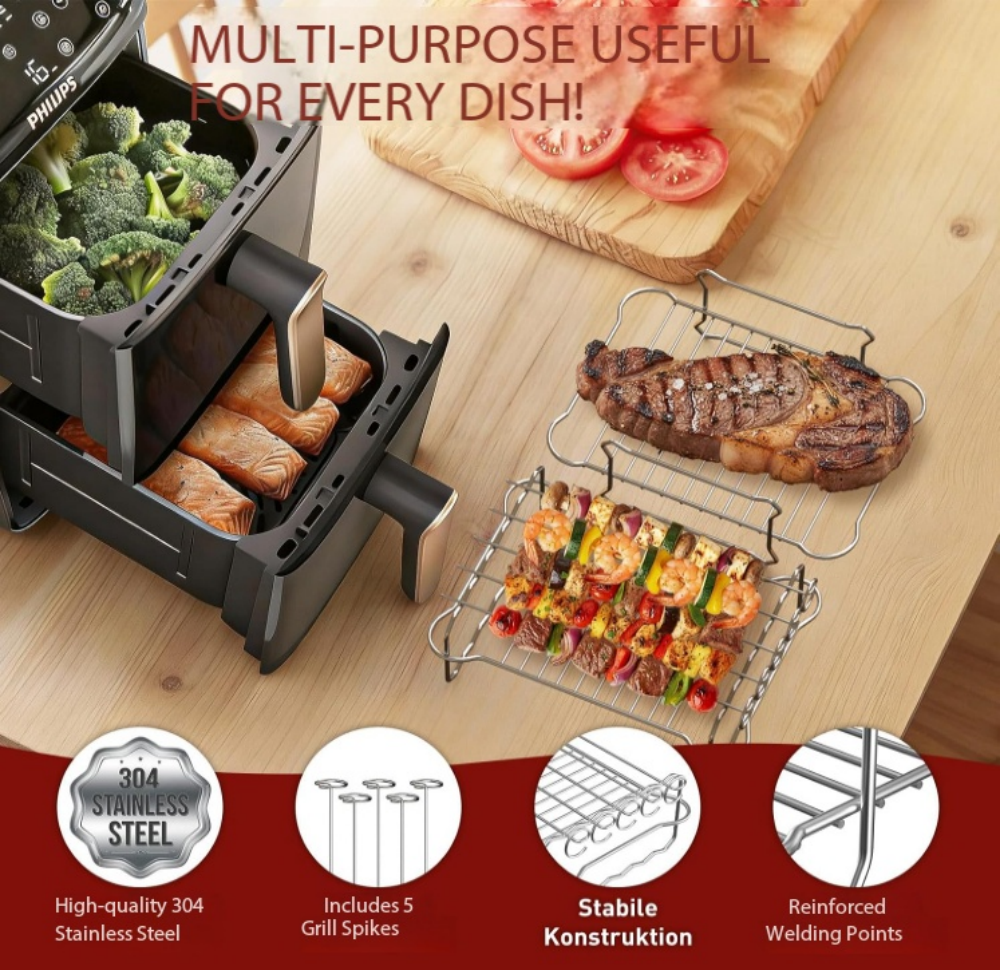 15-Piece Accessories for Philips Airfryer 4000 Series Stacked Dual Basket 10L, Hot Air Fryer Accessories for Philips NA460/00 & NA462/70, Includes Silicone Mould, Stainless Steel Cooking Grate & Baking Set,MY SHOP,Air Fryer Accessories Sets,‎ BPA-free, stainless steel, PSA-free, ‎siliconeCompatible with Tefal EY9018 - Heat-Resistant Silicone & Stainless Steel Accessories for Baking, Grilling & Roasting