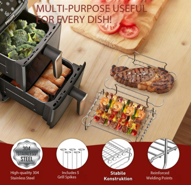 15-Piece Accessories for Philips Airfryer 4000 Series Stacked Dual Basket 10L, Hot Air Fryer Accessories for Philips NA460/00 & NA462/70, Includes Silicone Mould, Stainless Steel Cooking Grate & Baking Set,MY SHOP,Air Fryer Accessories Sets,‎ BPA-free, stainless steel, PSA-free, ‎siliconeCompatible with Tefal EY9018 - Heat-Resistant Silicone & Stainless Steel Accessories for Baking, Grilling & Roasting