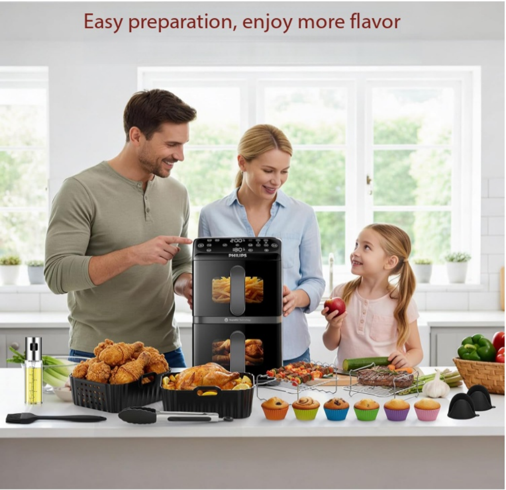 15-Piece Accessories for Philips Airfryer 4000 Series Stacked Dual Basket 10L, Hot Air Fryer Accessories for Philips NA460/00 & NA462/70, Includes Silicone Mould, Stainless Steel Cooking Grate & Baking Set,MY SHOP,Air Fryer Accessories Sets,‎ BPA-free, stainless steel, PSA-free, ‎siliconeCompatible with Tefal EY9018 - Heat-Resistant Silicone & Stainless Steel Accessories for Baking, Grilling & Roasting