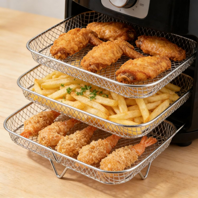 Set of 3 Stackable 304 Stainless Steel Cooking Grate & Baking Tray for Air Fryers Universal for Hot Air Fryers Dishwasher Safe & Multi-layer (Rectangle),MY SHOP,Set of 3 Stackable 304 Stainless Steel Cooking Grate & Baking Tray for Air Fryers Universal for Hot Air Fryers Dishwasher Safe & Multi-layer (Rectangle)