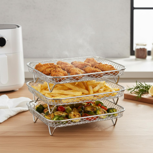 Set of 3 Stackable 304 Stainless Steel Cooking Grate & Baking Tray for Air Fryers Universal for Hot Air Fryers Dishwasher Safe & Multi-layer (Rectangle),MY SHOP,Set of 3 Stackable 304 Stainless Steel Cooking Grate & Baking Tray for Air Fryers Universal for Hot Air Fryers Dishwasher Safe & Multi-layer (Rectangle)