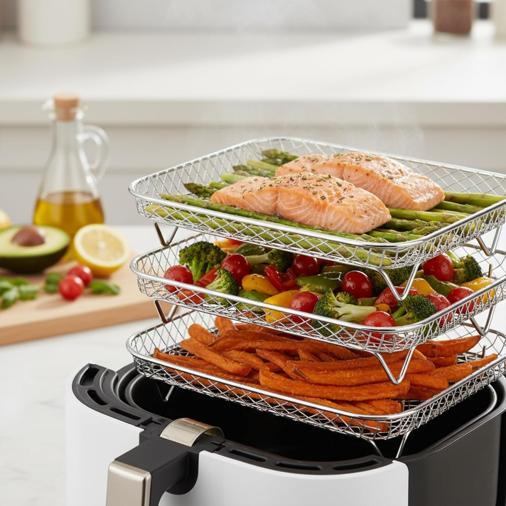 Set of 3 Stackable 304 Stainless Steel Cooking Grate & Baking Tray for Air Fryers Universal for Hot Air Fryers Dishwasher Safe & Multi-layer (Rectangle),MY SHOP,Set of 3 Stackable 304 Stainless Steel Cooking Grate & Baking Tray for Air Fryers Universal for Hot Air Fryers Dishwasher Safe & Multi-layer (Rectangle)