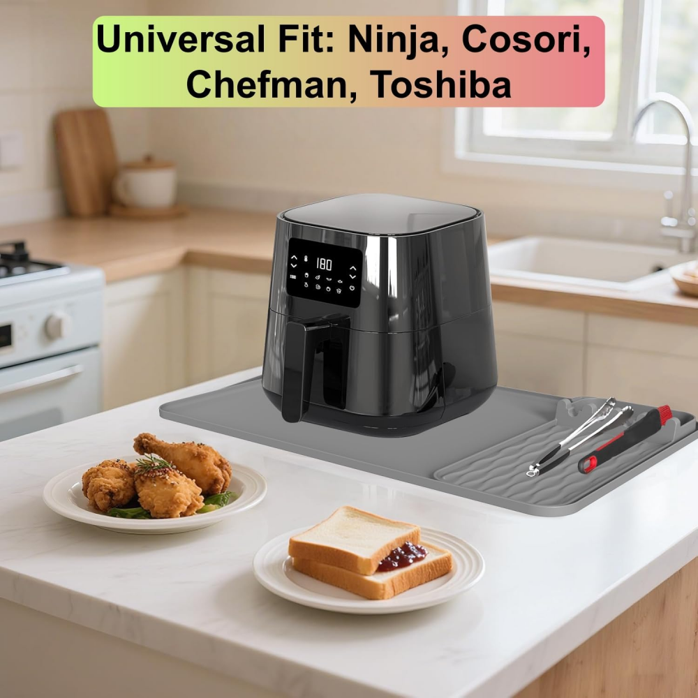 2-IN-1 Silicone Heat Resistant Mats for Countertop, 25x15" Air Fryer Mat | with Utensil Holder Pad, Compatible with Ninja, Cosori, Chefman, Kitchen Countertop Protector for Travel,MY SHOP,2-IN-1 Silicone Heat Resistant Mats for Countertop, 25x15" Air Fryer Mat | with Utensil Holder Pad, Compatible with Ninja, Cosori, Chefman, Kitchen Countertop Protector for Travel