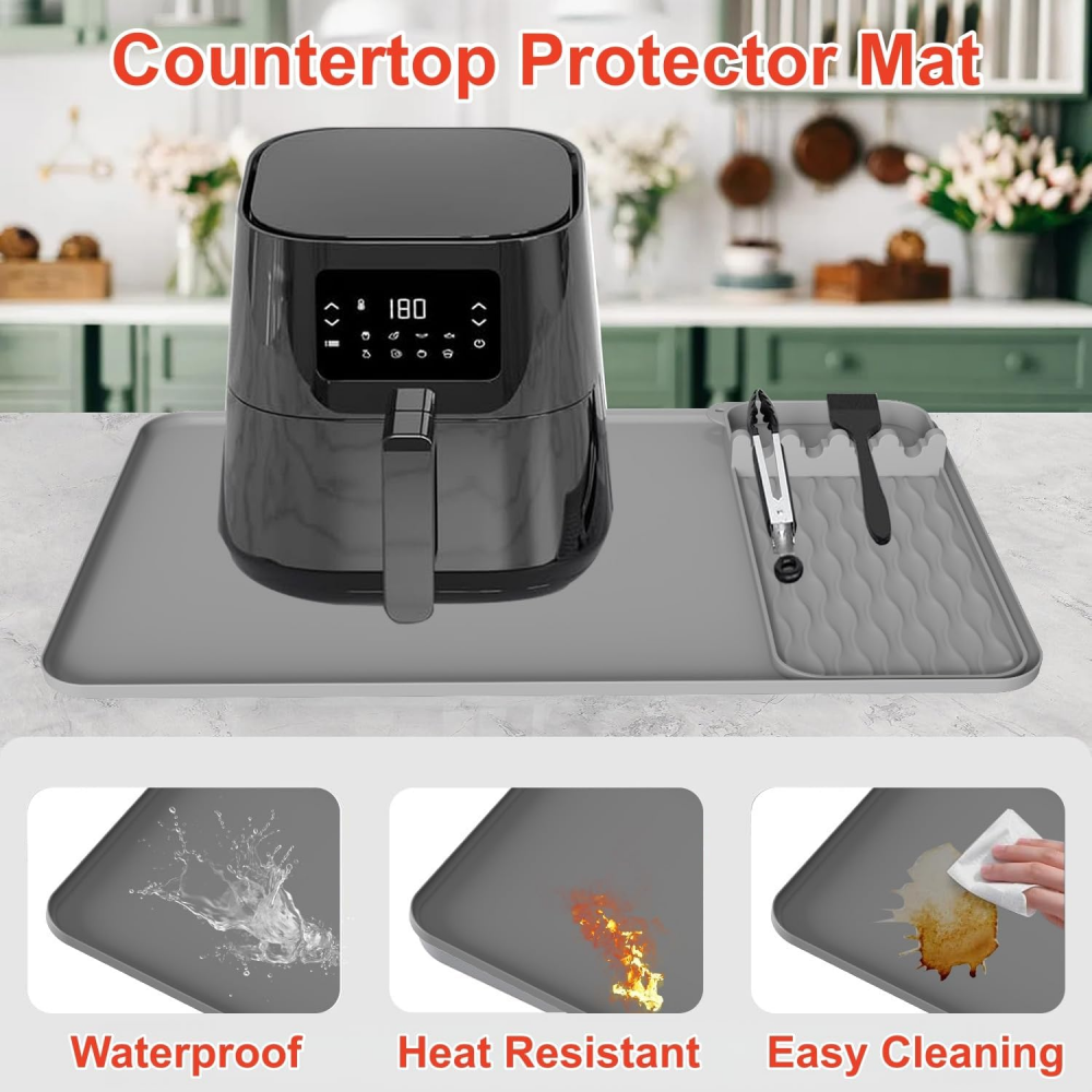 2-IN-1 Silicone Heat Resistant Mats for Countertop, 25x15" Air Fryer Mat | with Utensil Holder Pad, Compatible with Ninja, Cosori, Chefman, Kitchen Countertop Protector for Travel,MY SHOP,2-IN-1 Silicone Heat Resistant Mats for Countertop, 25x15" Air Fryer Mat | with Utensil Holder Pad, Compatible with Ninja, Cosori, Chefman, Kitchen Countertop Protector for Travel
