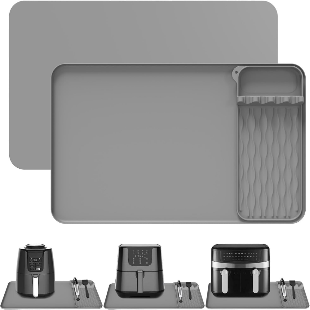 2-IN-1 Silicone Heat Resistant Mats for Countertop, 25x15" Air Fryer Mat | with Utensil Holder Pad, Compatible with Ninja, Cosori, Chefman, Kitchen Countertop Protector for Travel,MY SHOP,2-IN-1 Silicone Heat Resistant Mats for Countertop, 25x15" Air Fryer Mat | with Utensil Holder Pad, Compatible with Ninja, Cosori, Chefman, Kitchen Countertop Protector for Travel