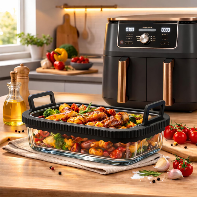 Air Fryer Glass Liner Reusable, Casserole Dish Airfryer for Cosori Hot Air Fryer 2 Chambers/Ninja Hot Air Fryer AF400EU/SL400EU/AF500EU/Glass Airfryer Accessories, BPA-Free, Removable Silicone Ring,MY SHOP,Air Fryer Glass Liner Reusable, Casserole Dish Airfryer for Cosori Hot Air Fryer 2 Chambers/Ninja Hot Air Fryer AF400EU/SL400EU/AF500EU/Glass Airfryer Accessories, BPA-Free, Removable Silicone Ring