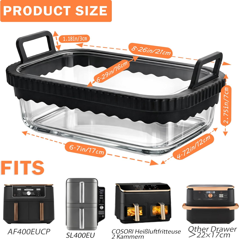 Air Fryer Glass Liner Reusable, Casserole Dish Airfryer for Cosori Hot Air Fryer 2 Chambers/Ninja Hot Air Fryer AF400EU/SL400EU/AF500EU/Glass Airfryer Accessories, BPA-Free, Removable Silicone Ring,MY SHOP,Air Fryer Glass Liner Reusable, Casserole Dish Airfryer for Cosori Hot Air Fryer 2 Chambers/Ninja Hot Air Fryer AF400EU/SL400EU/AF500EU/Glass Airfryer Accessories, BPA-Free, Removable Silicone Ring