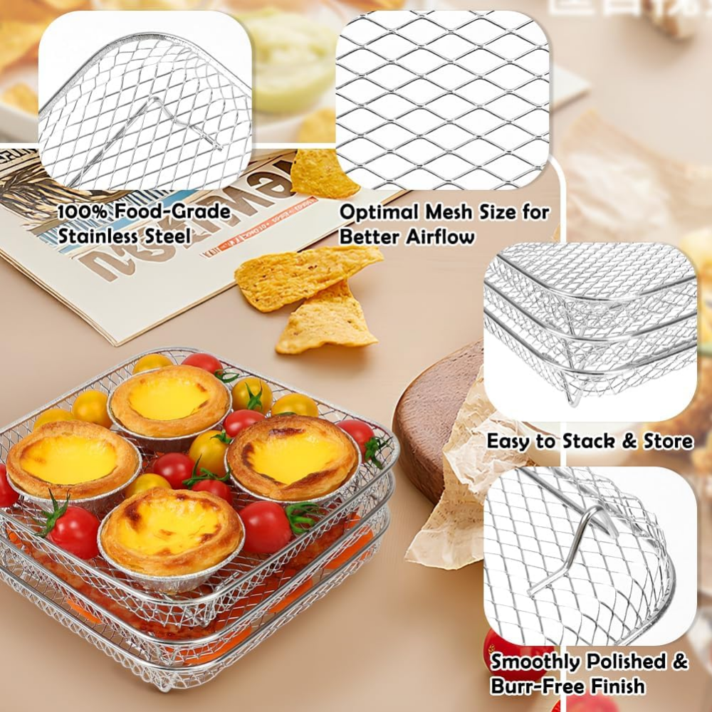Hot Air Fryer Grill Grate Accessories, Cooking Grate and Steaming Rack on 304 Stainless Steel Fit 3.5-5.8QT, Dehydrate Rack Airfryer Grill Pan Air Fryers for Ninja Power Airfryer ( 20 x 20 x 4 cm),MY SHOP,Hot Air Fryer Grill Grate Accessories, Cooking Grate and Steaming Rack on 304 Stainless Steel Fit 3.5-5.8QT, Dehydrate Rack Airfryer Grill Pan Air Fryers for Ninja Power Airfryer ( 20 x 20 x 4 cm)