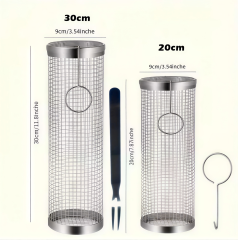 lindrical Rotating BBQ Grill with Wooden Handle, Stainless Steel Portable Rolling Outdoor Camping Grilling Grid,Kaquanfei,lindrical Rotating BBQ Grill with Wooden Handle,