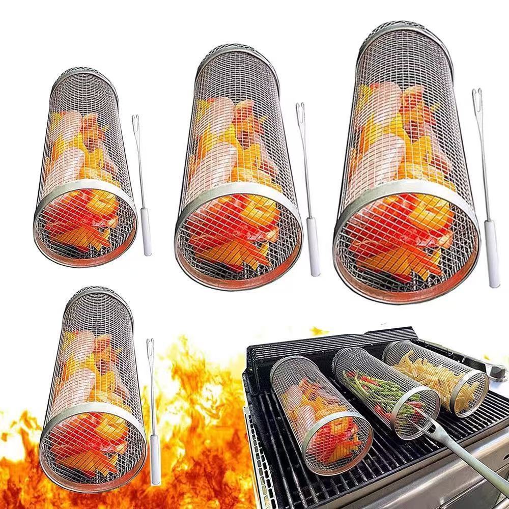 lindrical Rotating BBQ Grill with Wooden Handle, Stainless Steel Portable Rolling Outdoor Camping Grilling Grid,Kaquanfei,lindrical Rotating BBQ Grill with Wooden Handle,