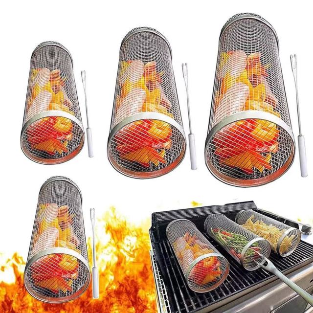 lindrical Rotating BBQ Grill with Wooden Handle, Stainless Steel Portable Rolling Outdoor Camping Grilling Grid,Kaquanfei,lindrical Rotating BBQ Grill with Wooden Handle,