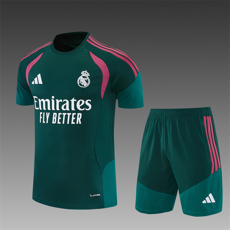 2026 27 Real Madrid Dark green paired with rose red Short Sleeve Football Tracksuit Adults and Kids