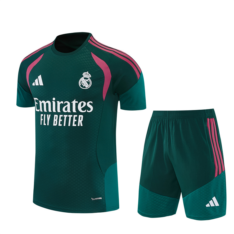 2026 27 Real Madrid Dark green paired with rose red Short Sleeve Football Tracksuit Adults and Kids
