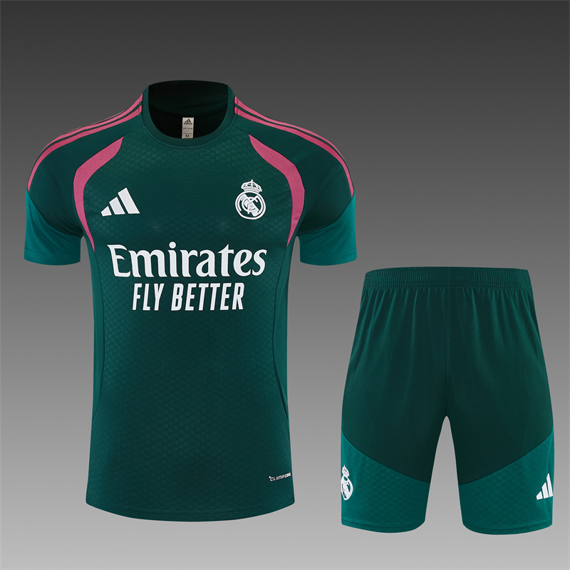 2026 27 Real Madrid Dark green paired with rose red Short Sleeve Football Tracksuit Adults and Kids