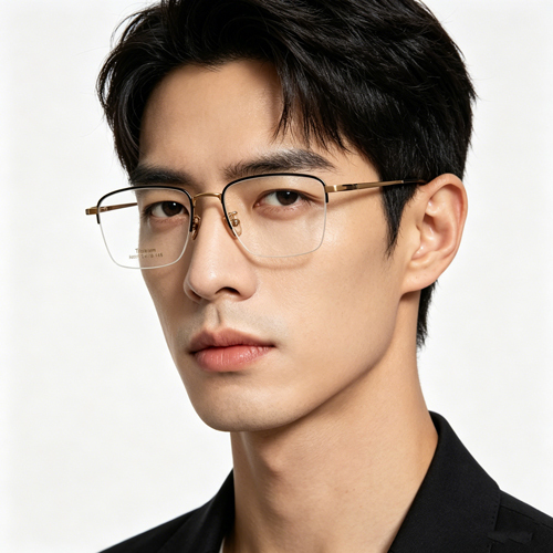 Black & Gold Half-Rim Titanium Eyeglass Frame 58037