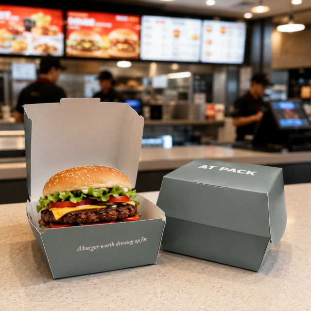 AT PACK Custom Printed Burger Boxes | Eco-Friendly Takeaway Food Packaging for Restaurants & Fast Food Brands,AT PACK,AT PACK Custom Printed Burger Boxes | Eco-Friendly Takeaway Food Packaging for Restaurants & Fast Food Brands