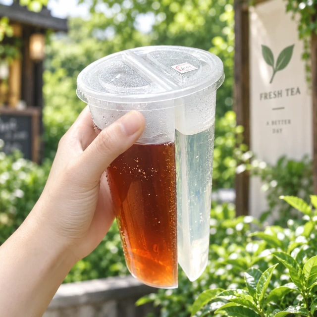 AT PACK Custom Double Compartment Cup Innovative Dual Drink PET Cup for Bubble Tea, Coffee, Juice and Beverage Packaging,AT PACK,AT PACK Custom Double Compartment Cup Innovative Dual Drink PET Cup for Bubble Tea, Coffee, Juice and Beverage Packaging