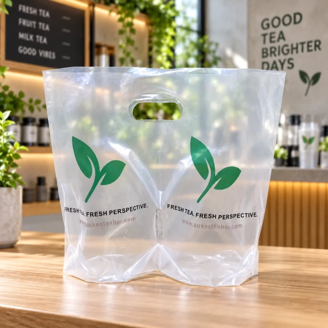 AT PACK Custom Handle Plastic Carry Bag  Clear PE T-Shirt Bag for Coffee Shops, Bubble Tea and Takeaway Beverage Packaging,AT PACK,AT PACK Custom Handle Plastic Carry Bag  Clear PE T-Shirt Bag for Coffee Shops, Bubble Tea and Takeaway Beverage Packaging