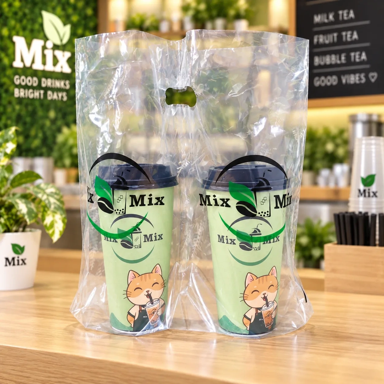 AT PACK Custom Handle Plastic Carry Bag  Clear PE T-Shirt Bag for Coffee Shops, Bubble Tea and Takeaway Beverage Packaging,AT PACK,AT PACK Custom Handle Plastic Carry Bag  Clear PE T-Shirt Bag for Coffee Shops, Bubble Tea and Takeaway Beverage Packaging