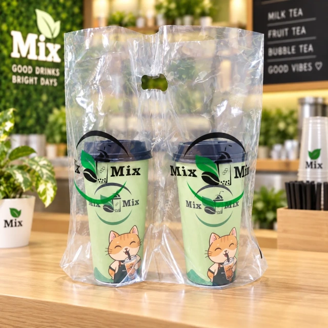AT PACK Custom Handle Plastic Carry Bag  Clear PE T-Shirt Bag for Coffee Shops, Bubble Tea and Takeaway Beverage Packaging,AT PACK,AT PACK Custom Handle Plastic Carry Bag  Clear PE T-Shirt Bag for Coffee Shops, Bubble Tea and Takeaway Beverage Packaging