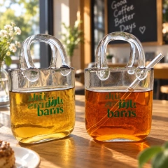 AT PACK Custom Handbag-Shaped Glass Cups with Handles & Straws  Creative Reusable Glass Drinkware for Cafés and Beverage Brands,AT PACK,AT PACK Custom Handbag-Shaped Glass Cups with Handles & Straws  Creative Reusable Glass Drinkware for Cafés and Beverage Brands