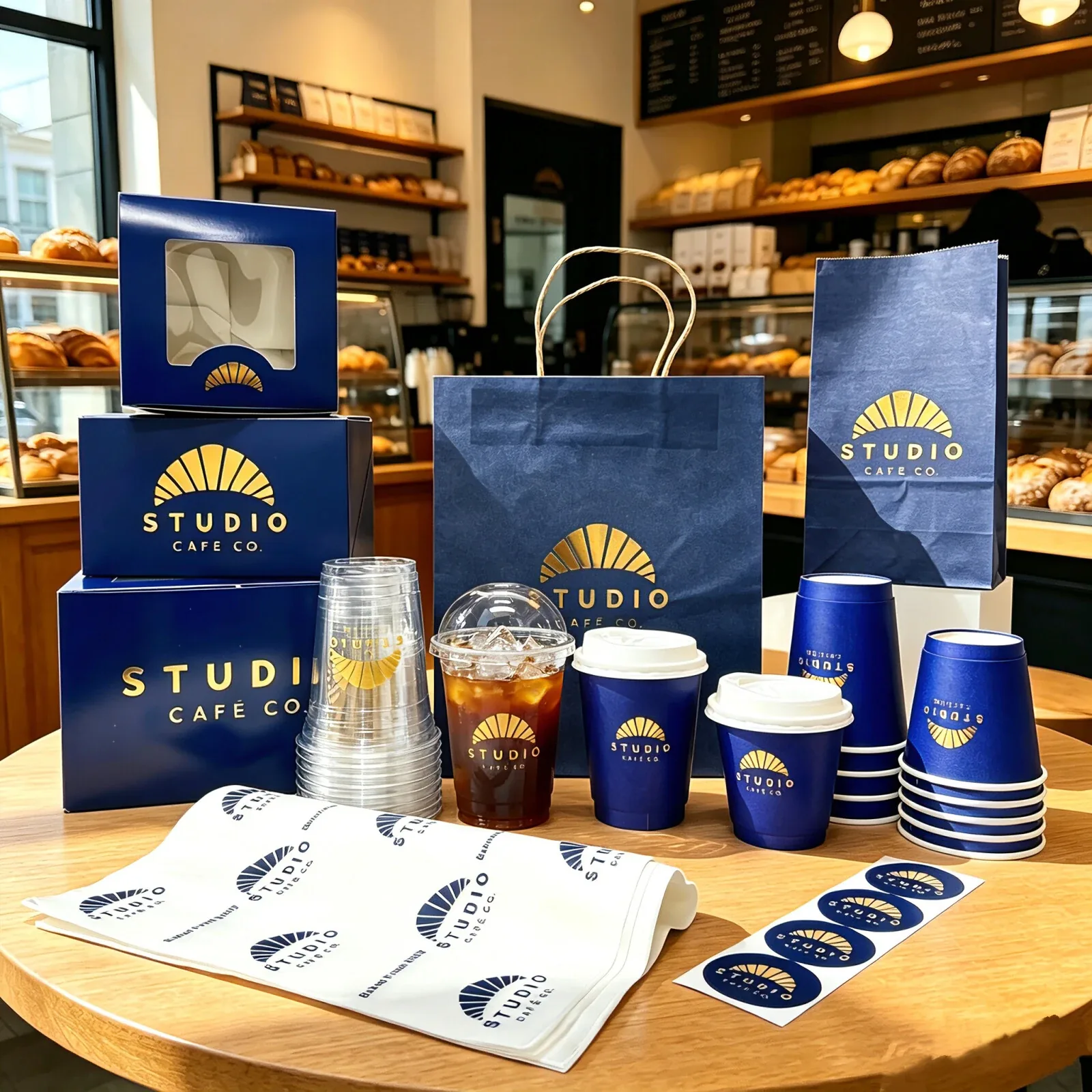 Branded coffee cups bags and takeaway packaging in a caf&eacute;