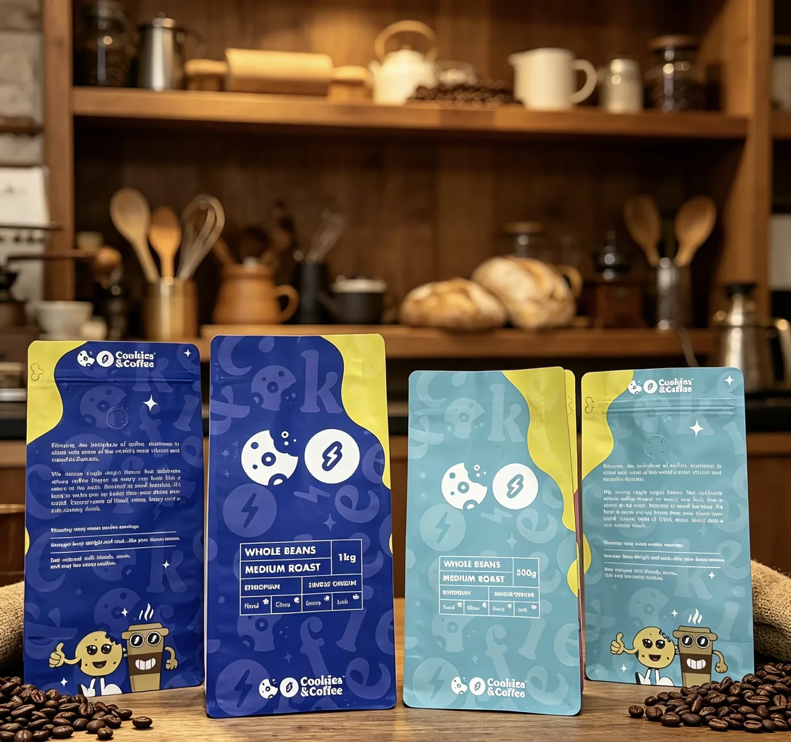 Colorful custom coffee bags displayed in a caf&eacute;