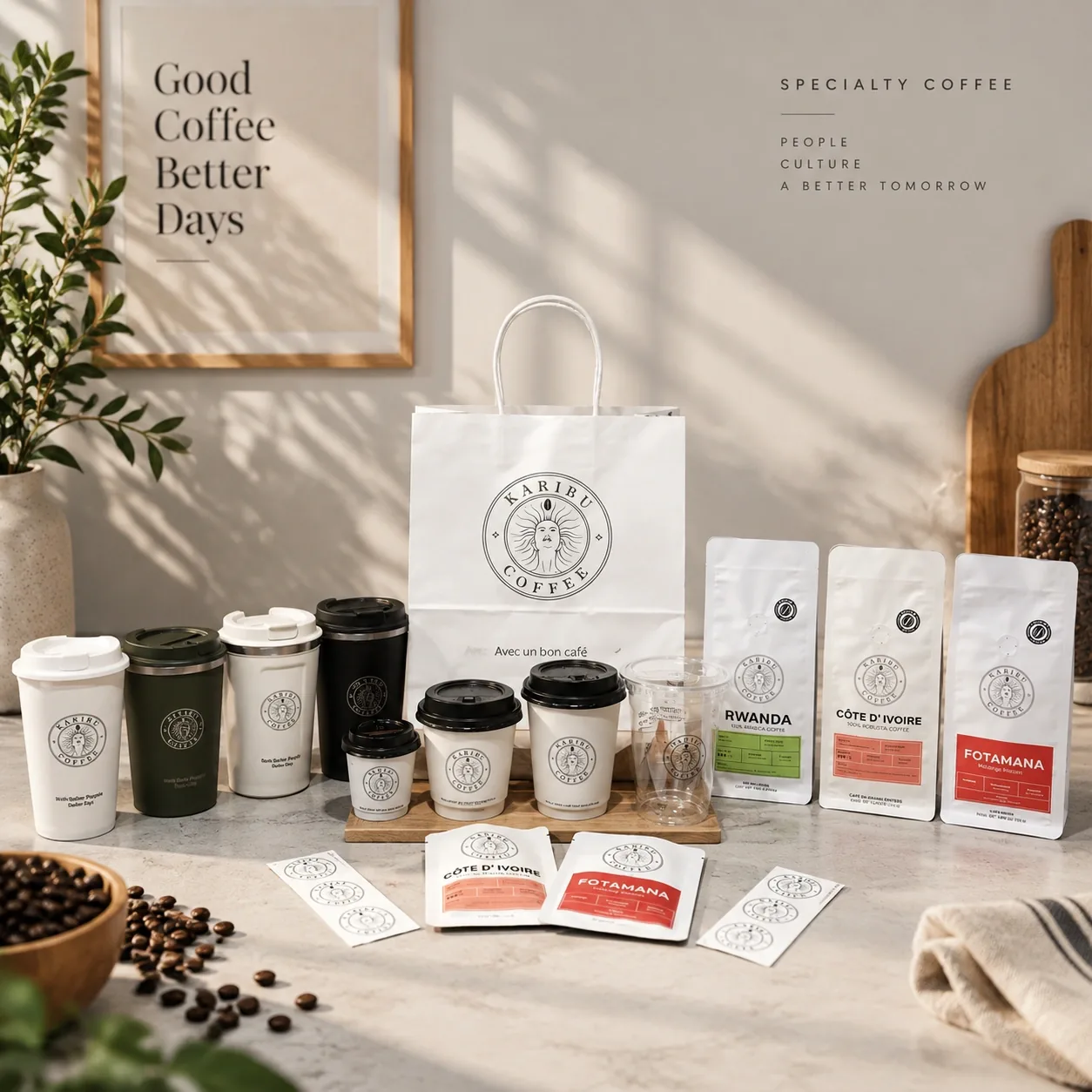 Branded coffee cups bags and packaging for a specialty cafe