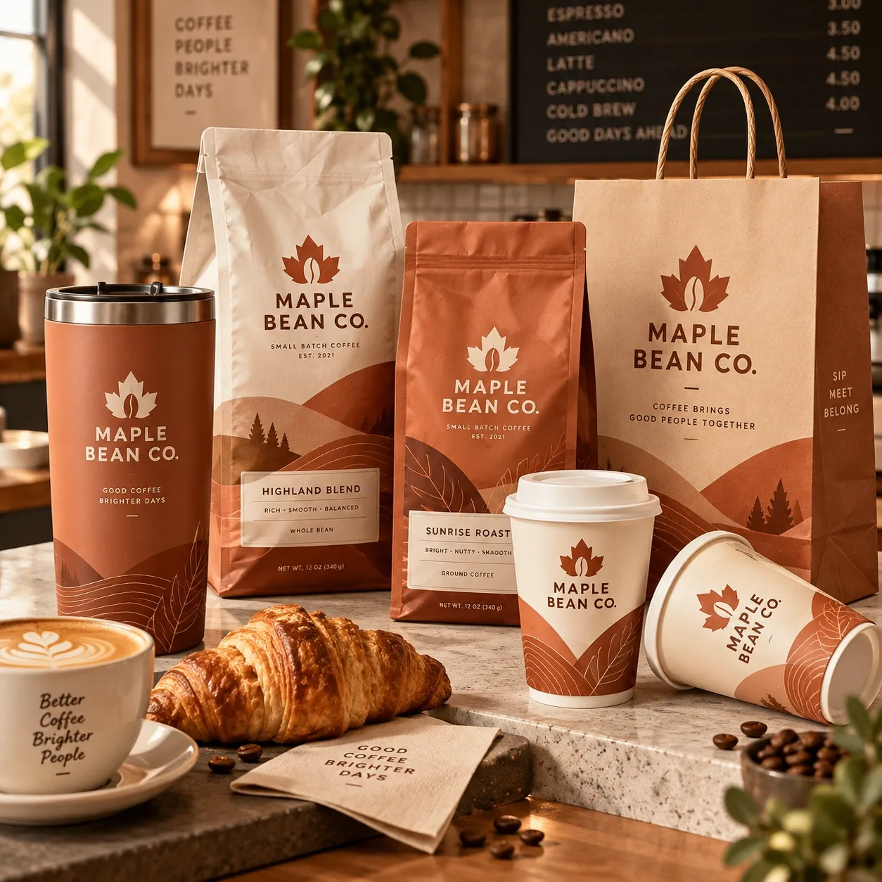 Branded coffee bags cups and paper bag in a cafe