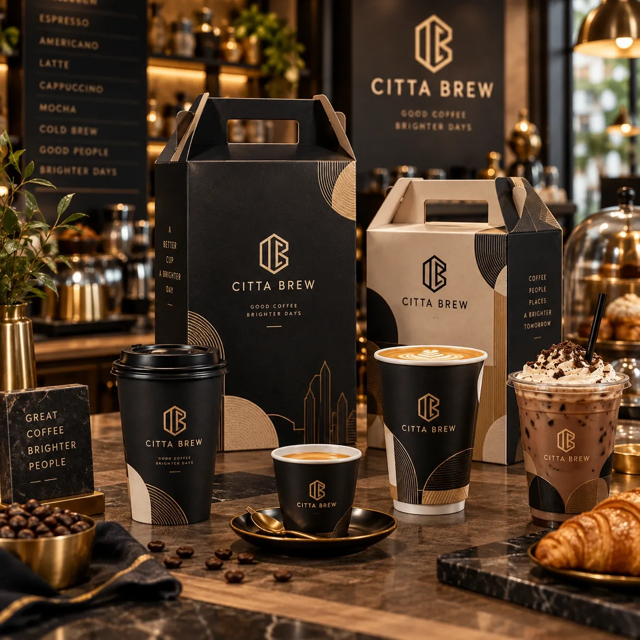 Coordinated coffee cups and takeaway boxes with matching branding