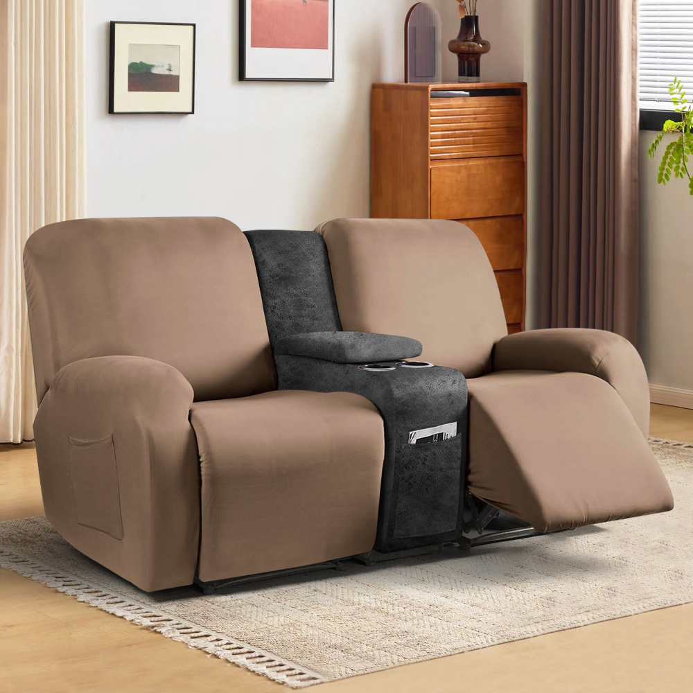 molasofa Leather Like Additional Recliner Console Cover for Reclining Loveseat Covers Stretch Jacquard Middle Console Cover for Recliner Couch and Sofa Dark Beige