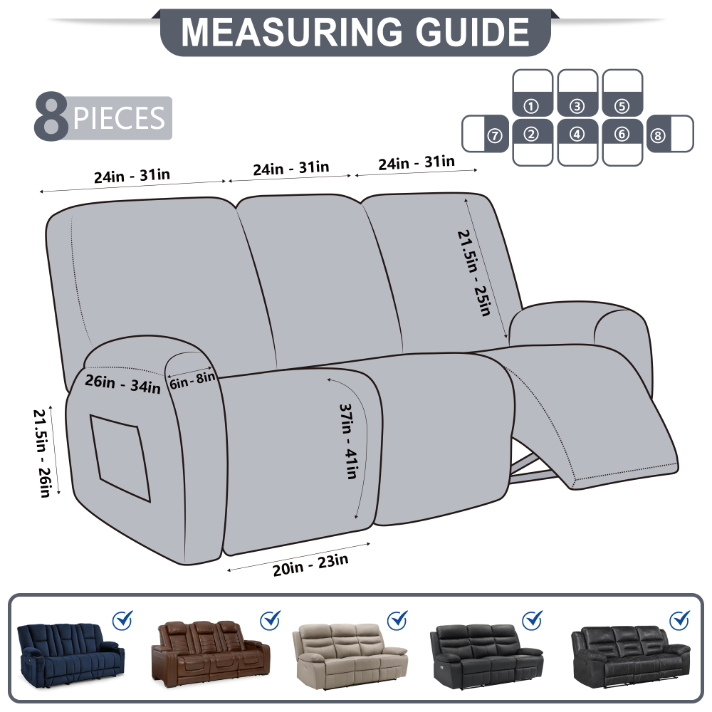 molasofa Recliner Sofa Covers - Leather Like Recliner Sofa 3 Seater Recliner Couch Covers for 3 Cushion Couch 8 Pieces Washable Stretch Reclining Sofa Slipcovers