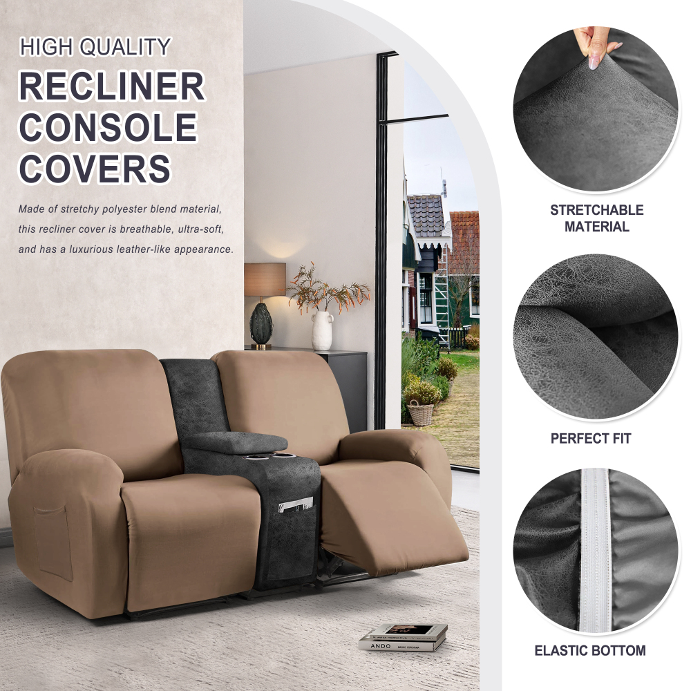 molasofa Leather Like Additional Recliner Console Cover for Reclining Loveseat Covers Stretch Jacquard Middle Console Cover for Recliner Couch and Sofa Dark Beige