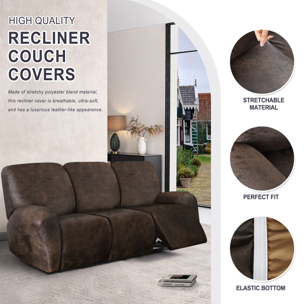 molasofa Recliner Sofa Covers - Leather Like Recliner Sofa 3 Seater Recliner Couch Covers for 3 Cushion Couch 8 Pieces Washable Stretch Reclining Sofa Slipcovers