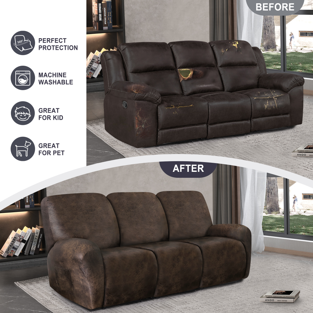 molasofa Recliner Sofa Covers - Leather Like Recliner Sofa 3 Seater Recliner Couch Covers for 3 Cushion Couch 8 Pieces Washable Stretch Reclining Sofa Slipcovers