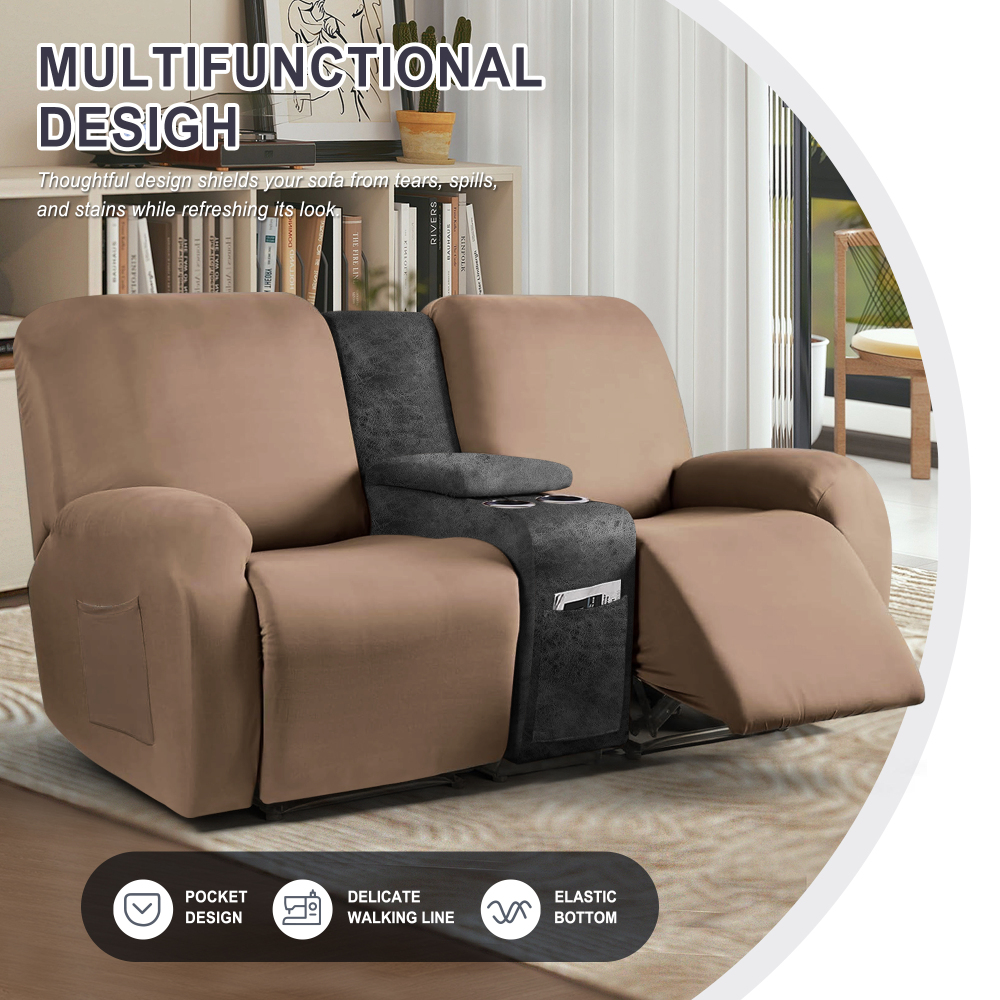 molasofa Leather Like Additional Recliner Console Cover for Reclining Loveseat Covers Stretch Jacquard Middle Console Cover for Recliner Couch and Sofa Dark Beige