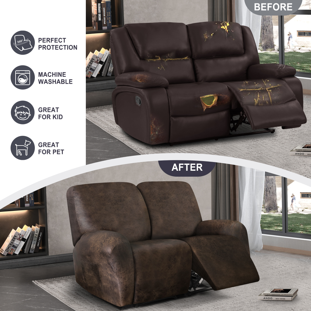 molasofa Loveseat Recliner Slipcover Large Size Oversized - 6 Pieces Stretch Leather Like Recliner Sofa Cover for 2 Seat Dual Reclining Loveseat Couch Furniture Protector