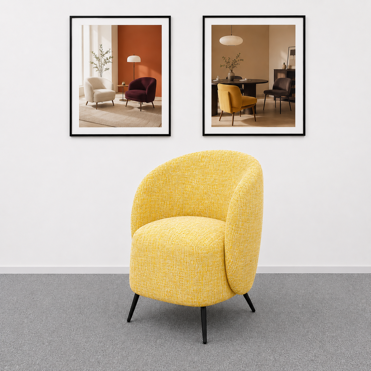 Moderner gelber Cocktailsessel mit Rundrücken und Metallbeinen | ComfPlus